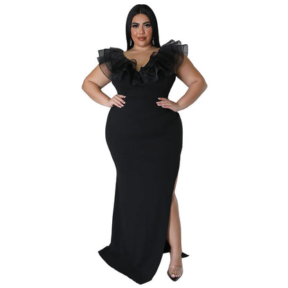 Solid Color Bodycon Dress Elegant V-Neck Long Dress