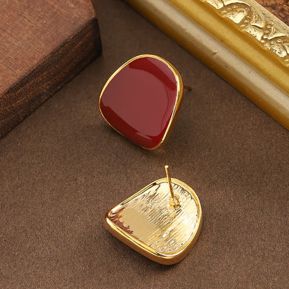 Burgundy Geometric Drip-Glaze Earrings With 925 Silver Pins
