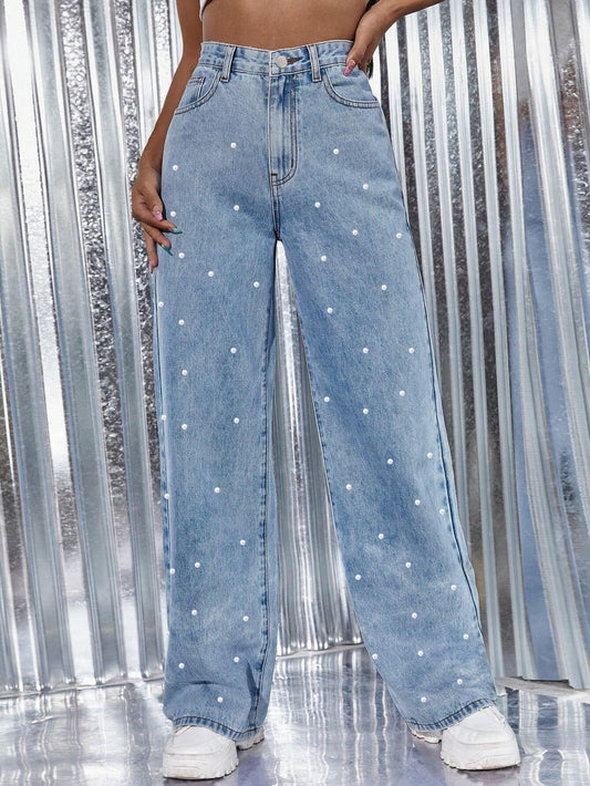 Casual Pearl High Waist Baggy Denim Pants