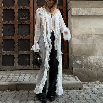 Chiffon Ruffled Midi Dress Slim Fit Long Sleeve Casual Dress