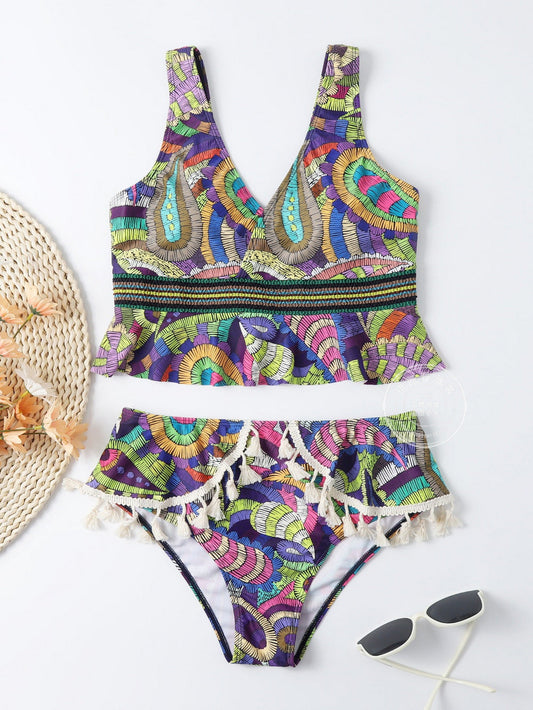 Ethnic Pattern Conservative Bikini Plush Tassels Classic Fashion Multicolor Swimsuit Women