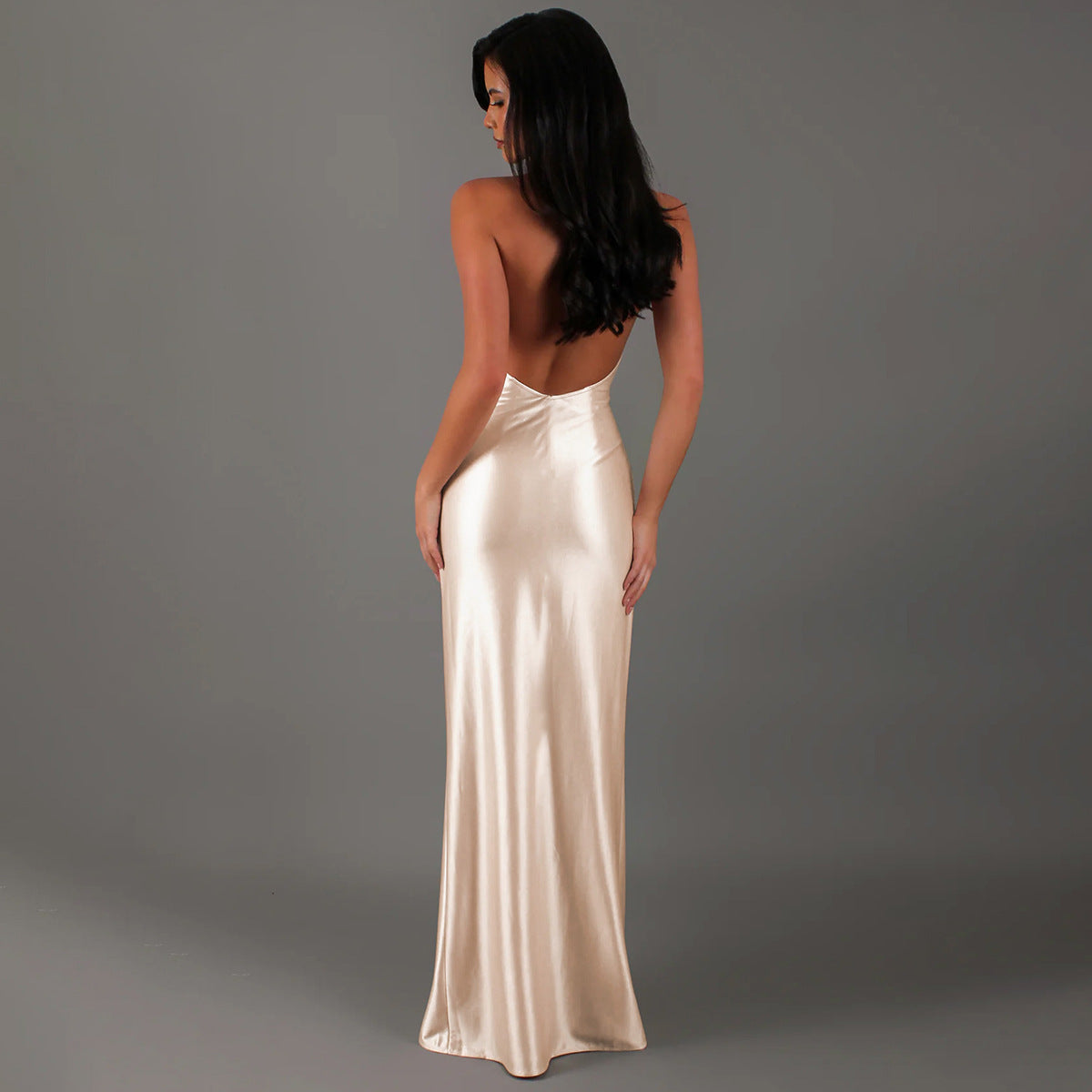Sexy Deep V Neck Halter Backless Dress with Slit