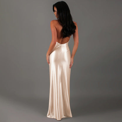 Sexy Deep V Neck Halter Backless Dress with Slit