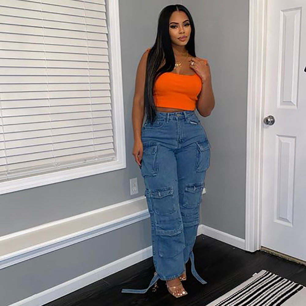 Trendy High Waist Cargo Jeans With Pockets