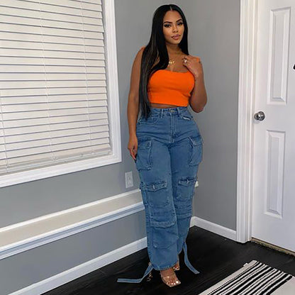 Trendy High Waist Cargo Jeans With Pockets