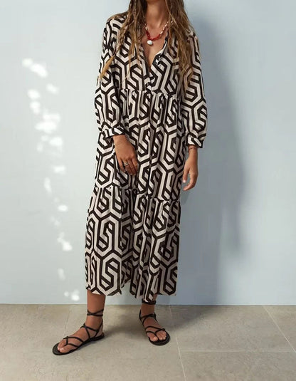 Women'S Long Sleeve Lapel Green Geometric Print Shirt Dress