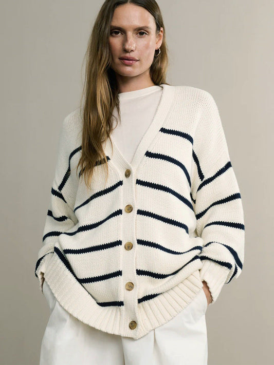 Striped Knit Cardigan Women V-Neck Cotton Sweater Casual Style