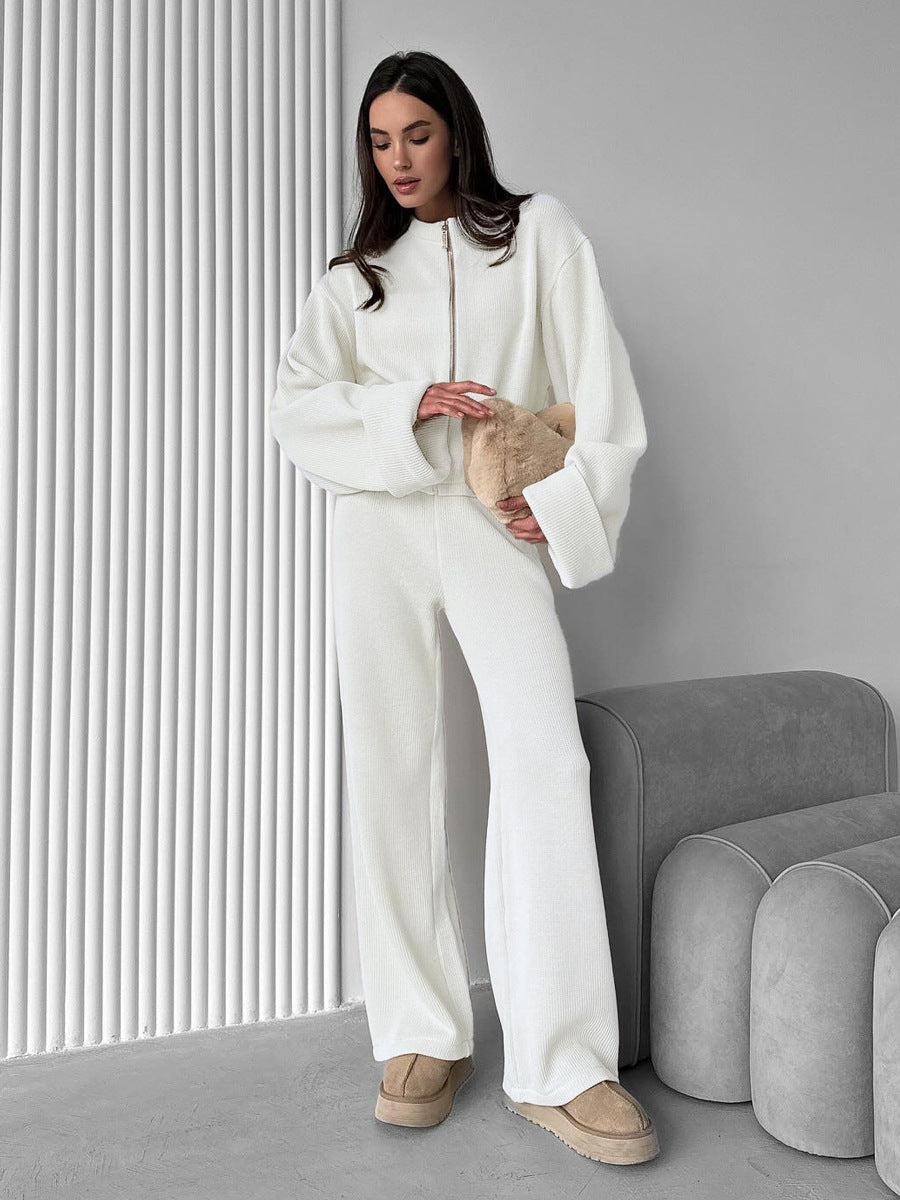 Casual Knitted Long Sleeve Top And Wide Leg Pants Set