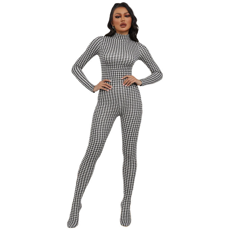 Fashionable High Neck Long Sleeve Bodysuit With Print