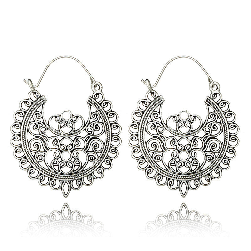 Vintage Geometric Metal Hoop Earrings With Floral Patterns