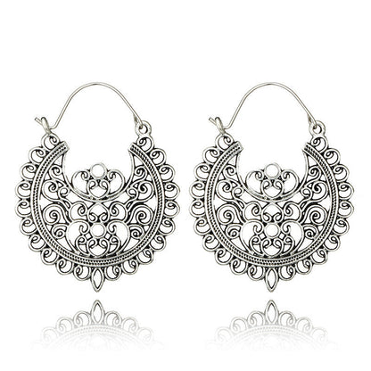 Vintage Geometric Metal Hoop Earrings With Floral Patterns