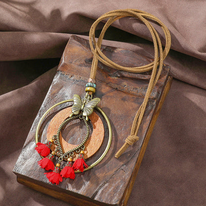 Trendy Ethnic-Inspired Butterfly Flower Necklace With Tassels