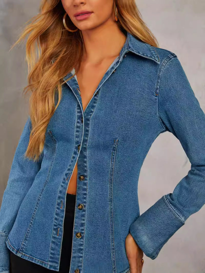 Casual Denim Shirt with Polo Neck for Women