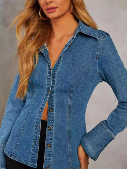 Casual Denim Shirt with Polo Neck for Women