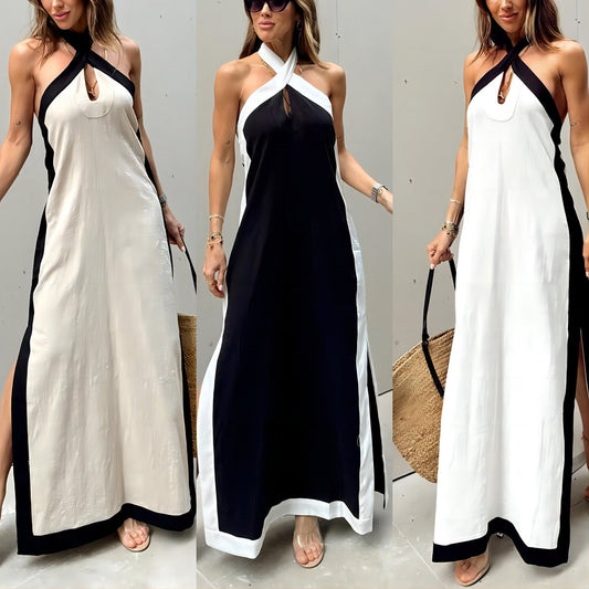 Summer Cotton Linen Backless Halter Dress for Women