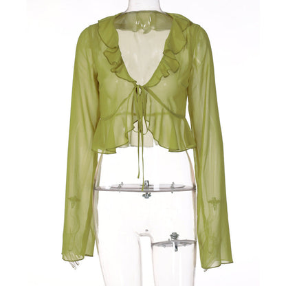 Deep V-Neck Long Sleeve Sheer Top with Ruffle Trim