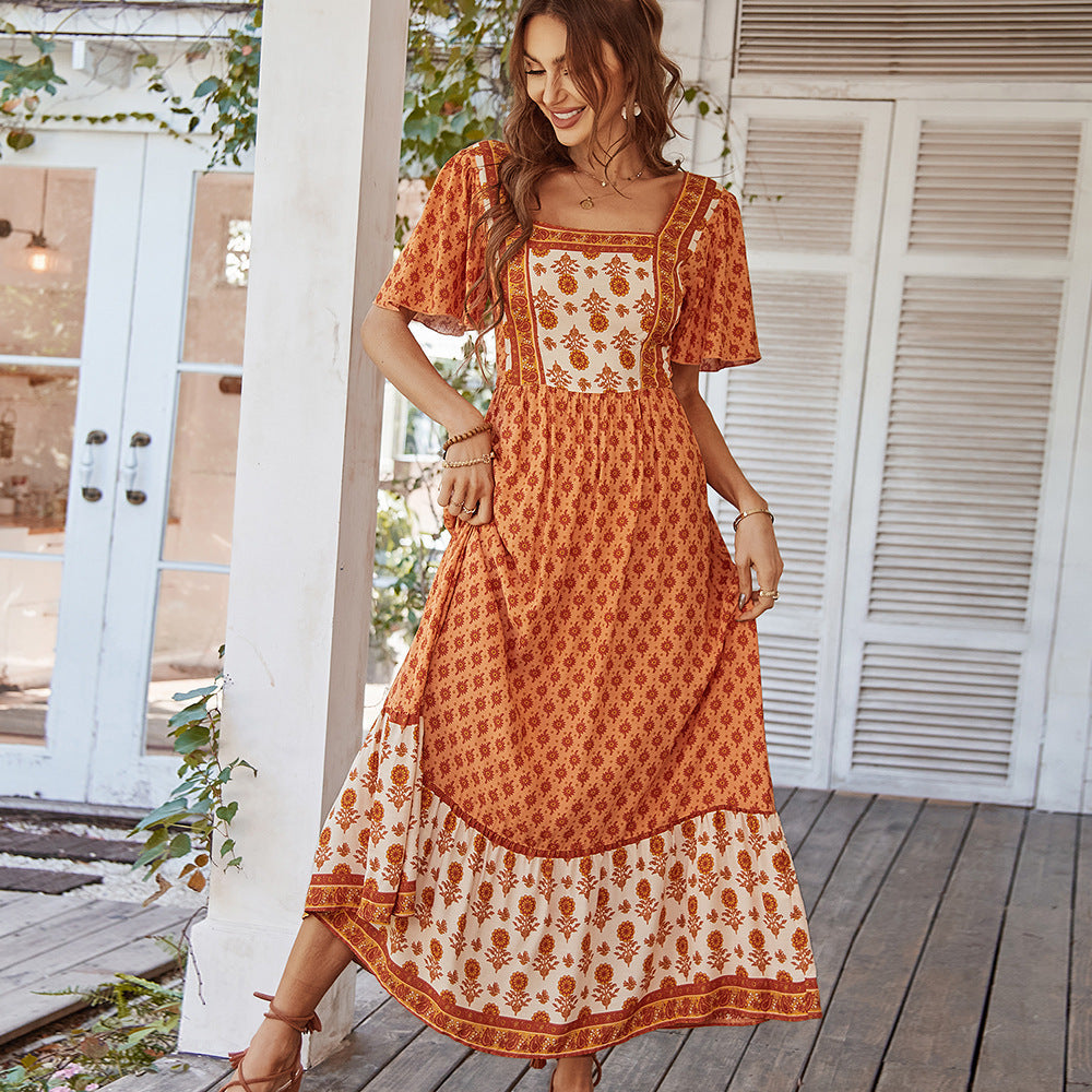 Elegant Floral Printed Maxi Dress with Square Neckline