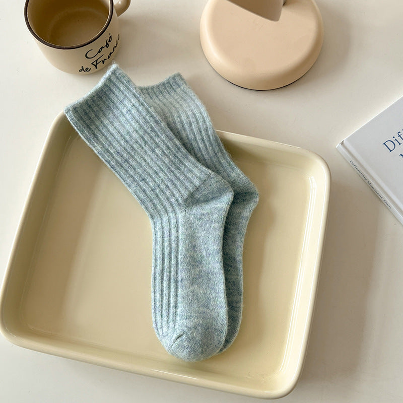 Solid Color Striped Thicken Plush Wool Crew Socks