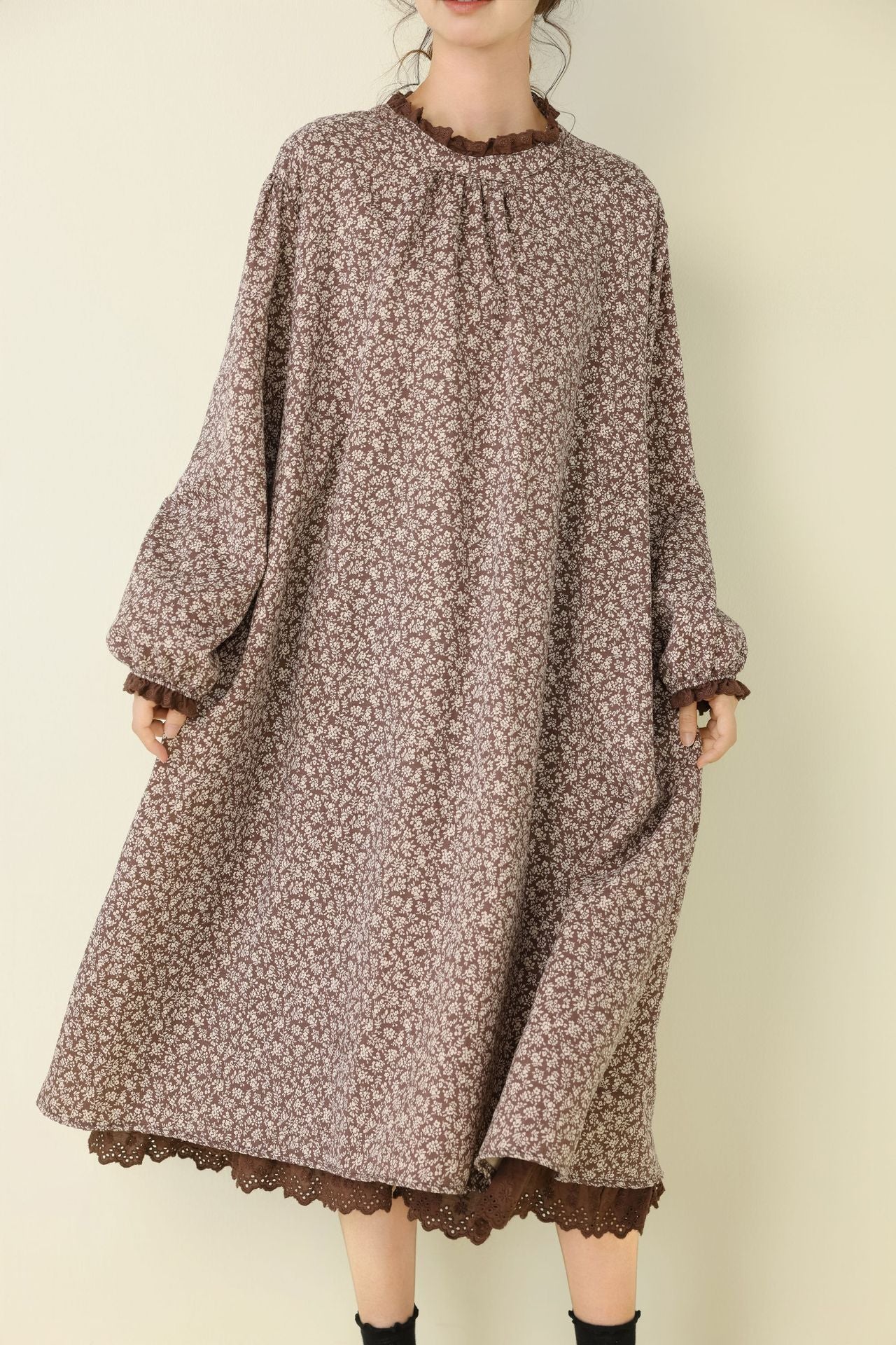 Floral Print Long Sleeve Dress Casual A-Line Dress with Ruffled Neckline