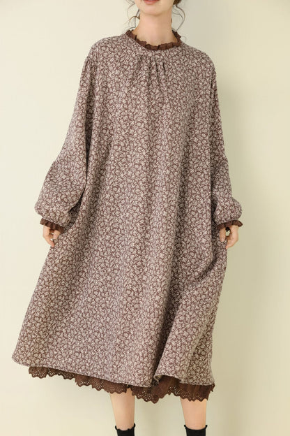 Floral Print Long Sleeve Dress Casual A-Line Dress with Ruffled Neckline