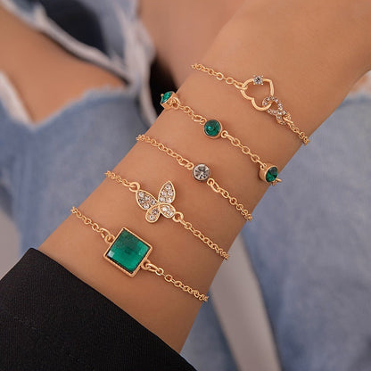 Heart-Shaped Emerald Gemstone Bracelet Set With Rhinestones