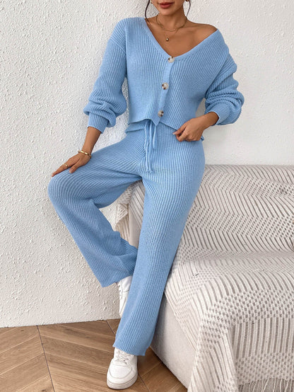 Solid Color Women'S Cardigan Set With Loose-Fit Trousers