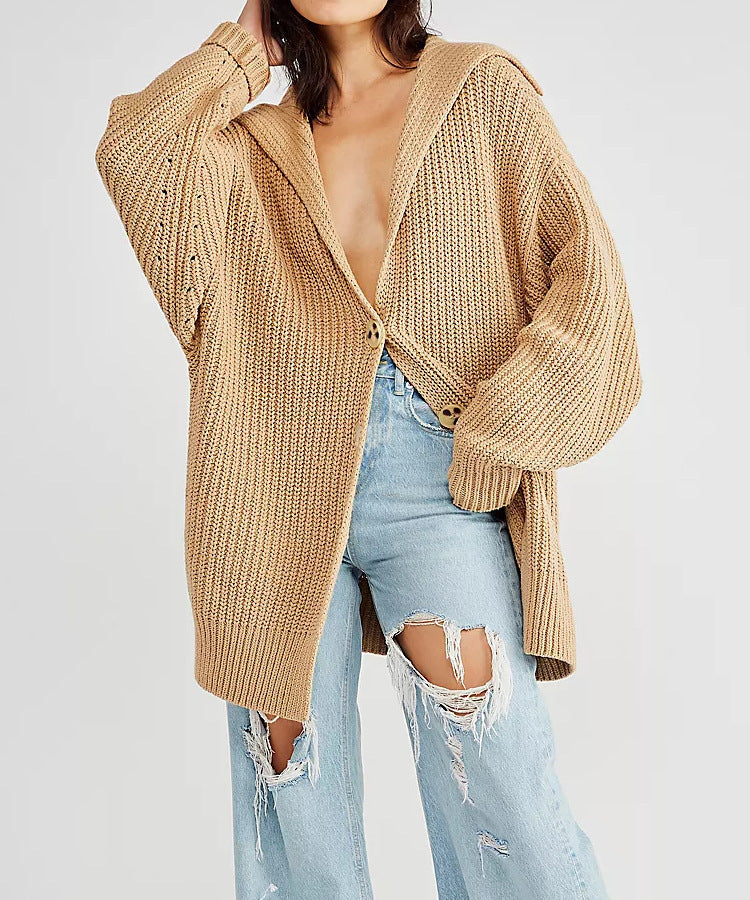 New Women'S Solid Color Lapel Pocket Knitted Cardigan Button Long Coat In Autumn And Winter