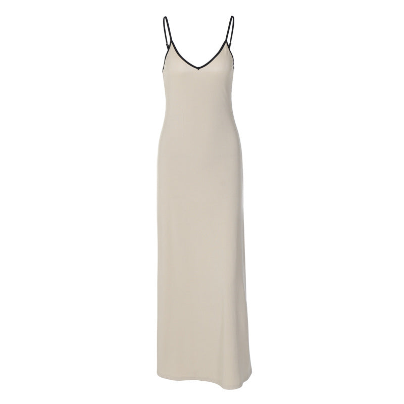 Sleeveless V-Neck Bodycon Dress with Open Back in Beige