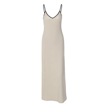 Sleeveless V-Neck Bodycon Dress with Open Back in Beige