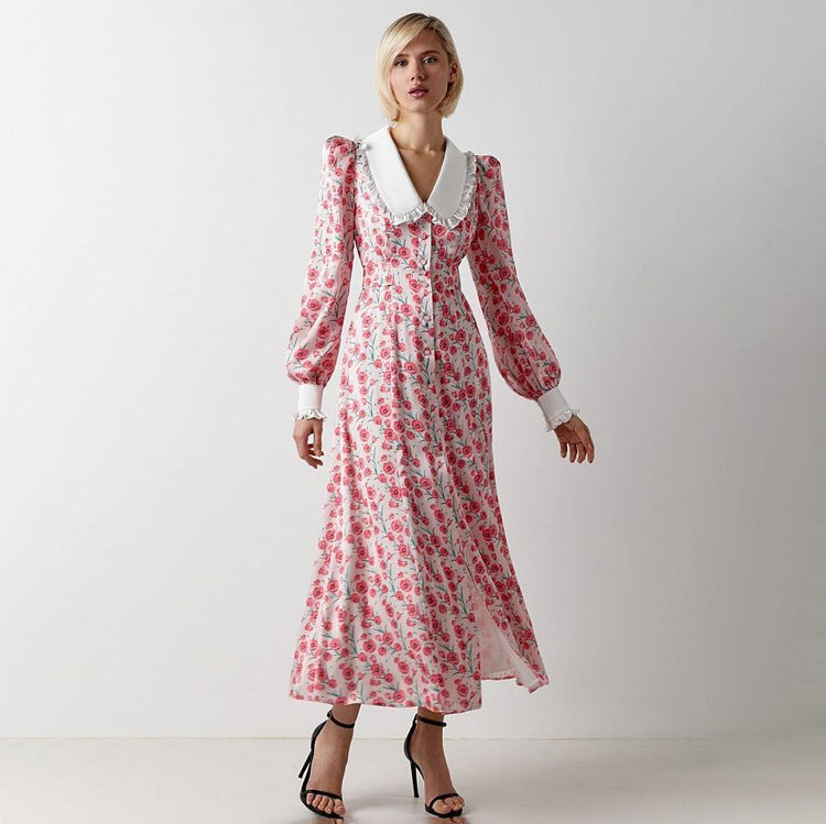 Elegant Floral Long Sleeve Dress with Peter Pan Collar