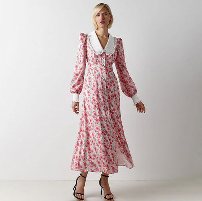 Elegant Floral Long Sleeve Dress with Peter Pan Collar