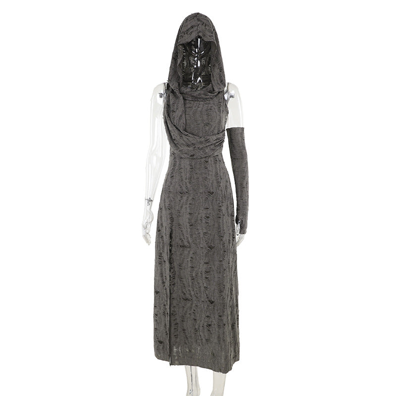 Hooded Long Dress with Side Slit in Solid Gray