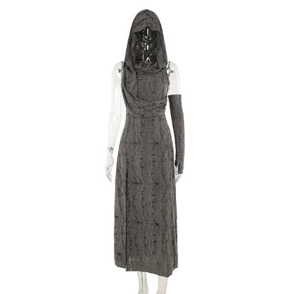 Hooded Long Dress with Side Slit in Solid Gray