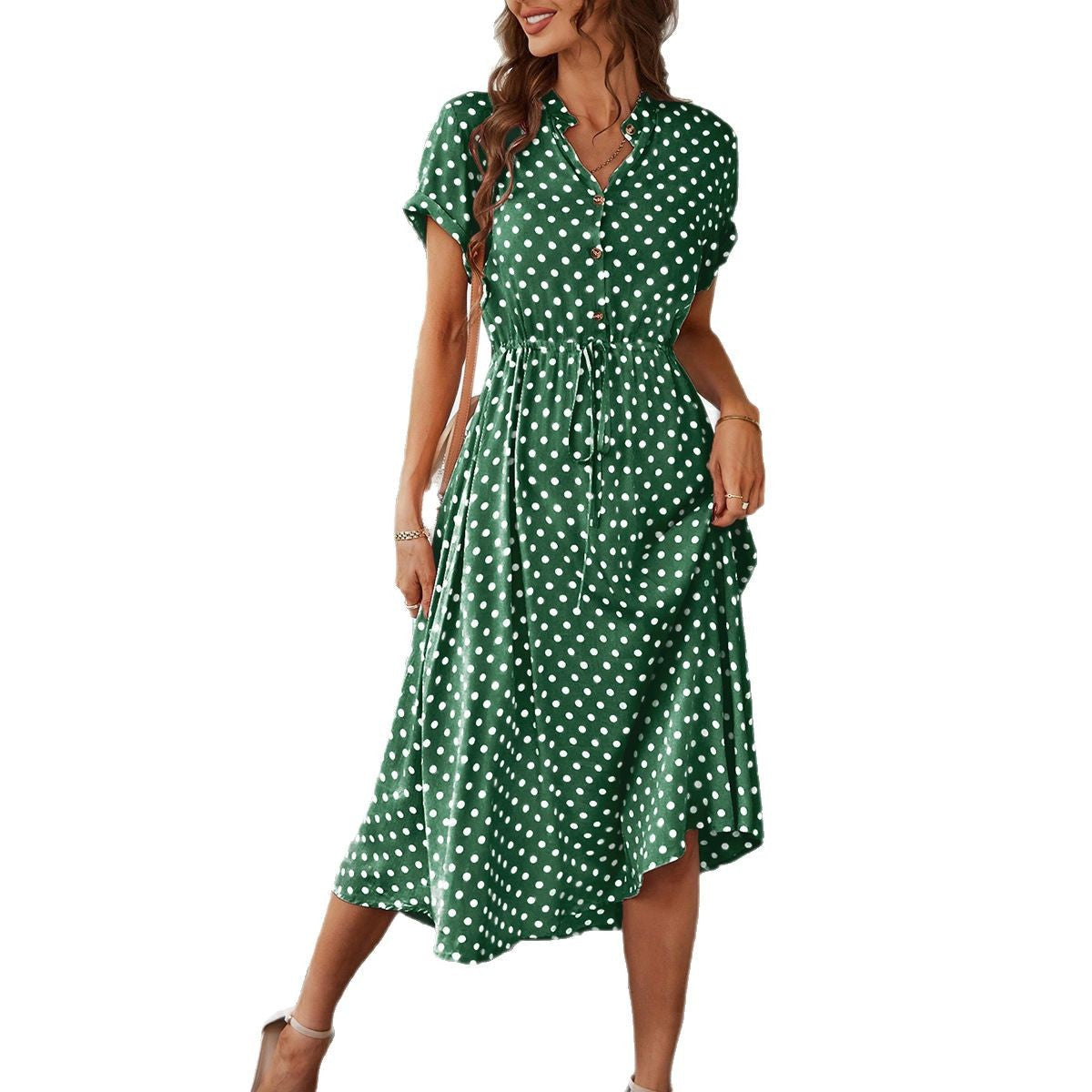Polka Dot High-Waisted Tie Dress Casual Vacation Look