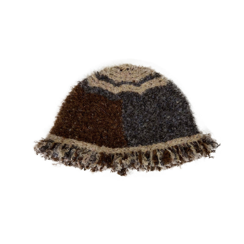 Handmade Wool Blend Color Block Fringe Knitted Beanie Hat