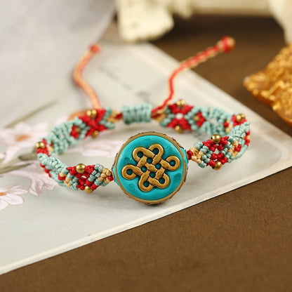 Tibetan Ethnic Style Nepalese Beads Hand String Retro Diagonal Knot Colorful Rope Pure Hand Woven Bracelet