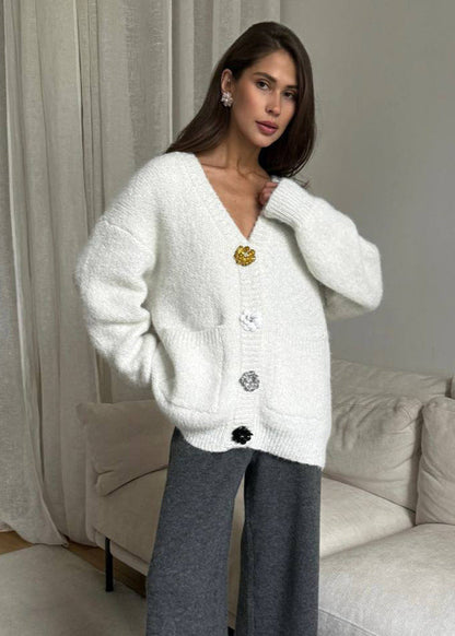 Knit Cardigan With Embellished Statement Buttons
