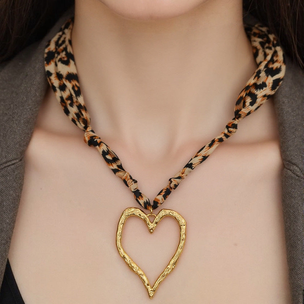 Heart Shaped Pendant Silk Scarf Necklace in 18K Gold Plated Stainless Steel