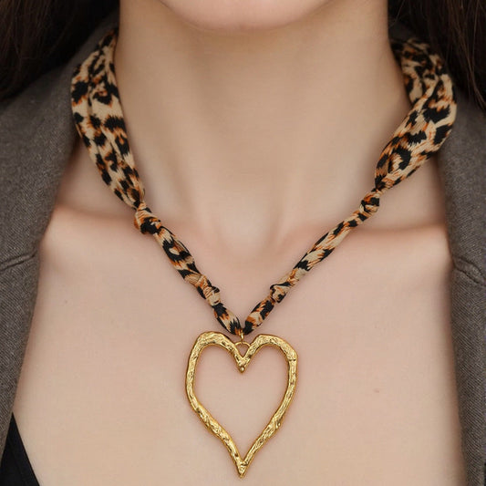 Heart Shaped Pendant Silk Scarf Necklace in 18K Gold Plated Stainless Steel