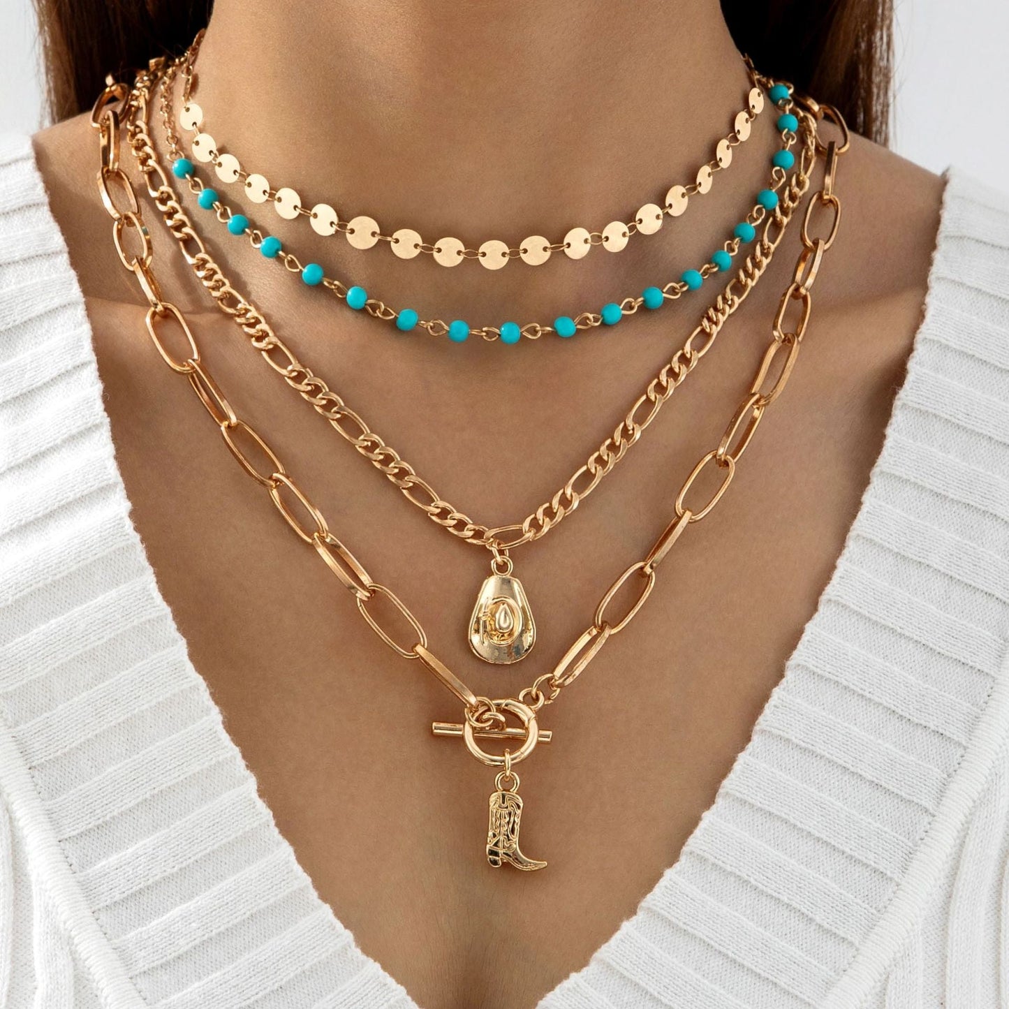 Geometric Layered Y-Shaped Alloy Necklace With Tassels And Rhinestones