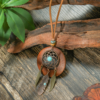 Bohemian Vintage Alloy Pendant Necklace With Spider Web Dreamcatcher