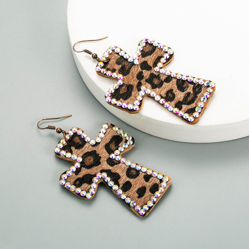 Trendy Y2K Cross Earrings Genuine Leather Leopard Print Geometric Style