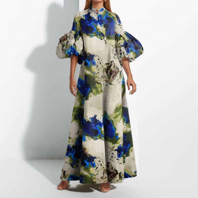 Elegant Floral Print Puff Sleeve Maxi Dress