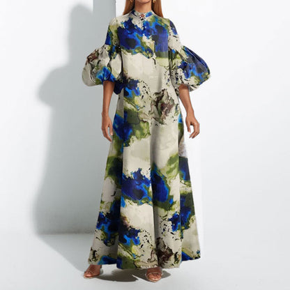 Elegant Floral Print Puff Sleeve Maxi Dress
