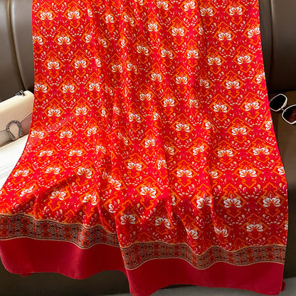 Ethnic Style Spring And Autumn New Blue Cotton Hemp Feel Thin Scarf With Flower Splice Fragmented Flower Retro Versatile Shawl