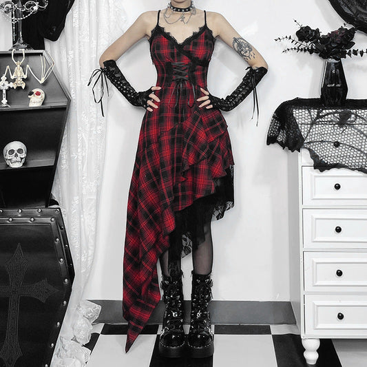 Dark V- Neck Strappy Dress with Asymmetrical Hem