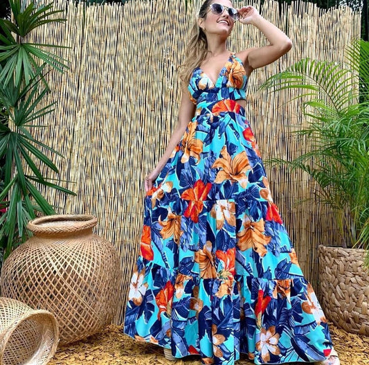 Womenswear Fashion Print Sexy Dress Slip Deep V Sleeveless Backless Maxi Dress