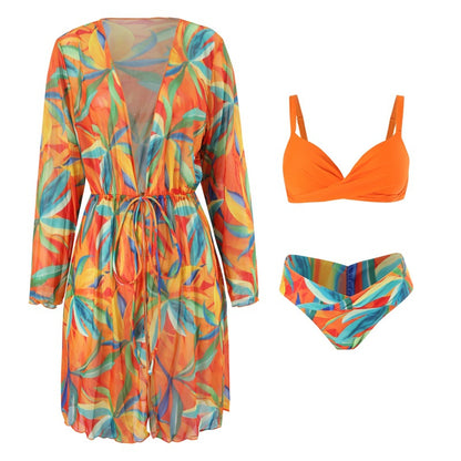 Three-Piece Women'S Bikini Set With Long Sleeve Cover-Up
