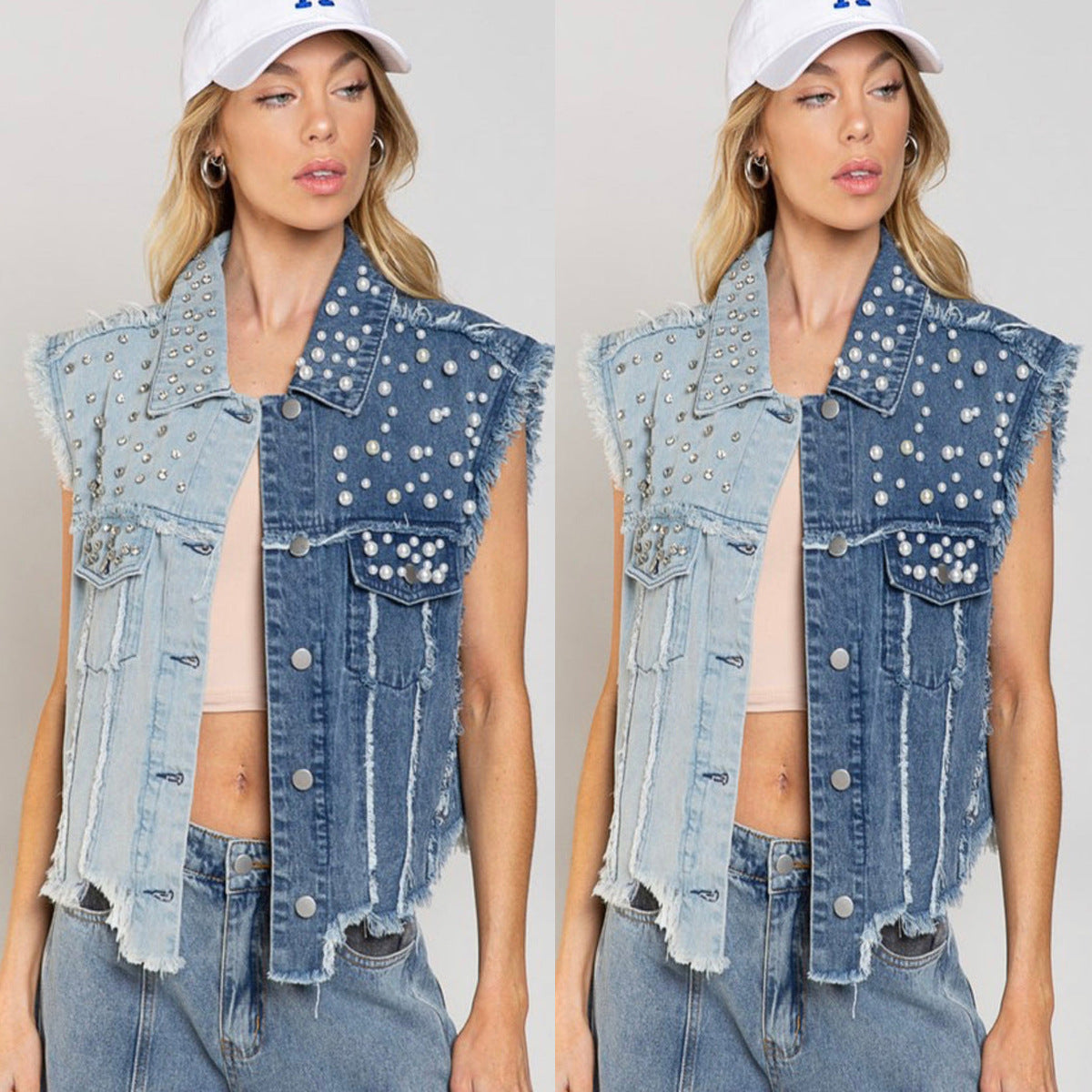 Denim Vest With Rhinestone Detail Loose-Fit Casual Top