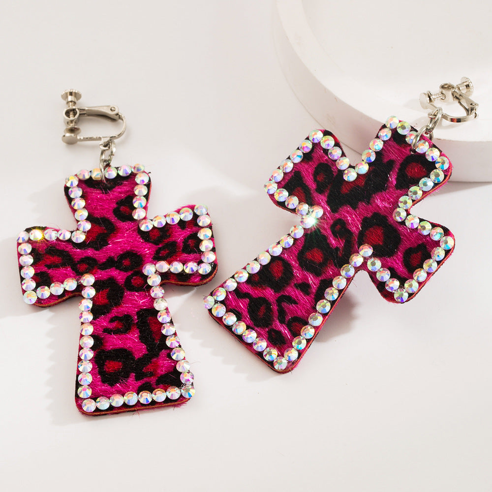 Trendy Y2K Cross Earrings Genuine Leather Leopard Print Geometric Style
